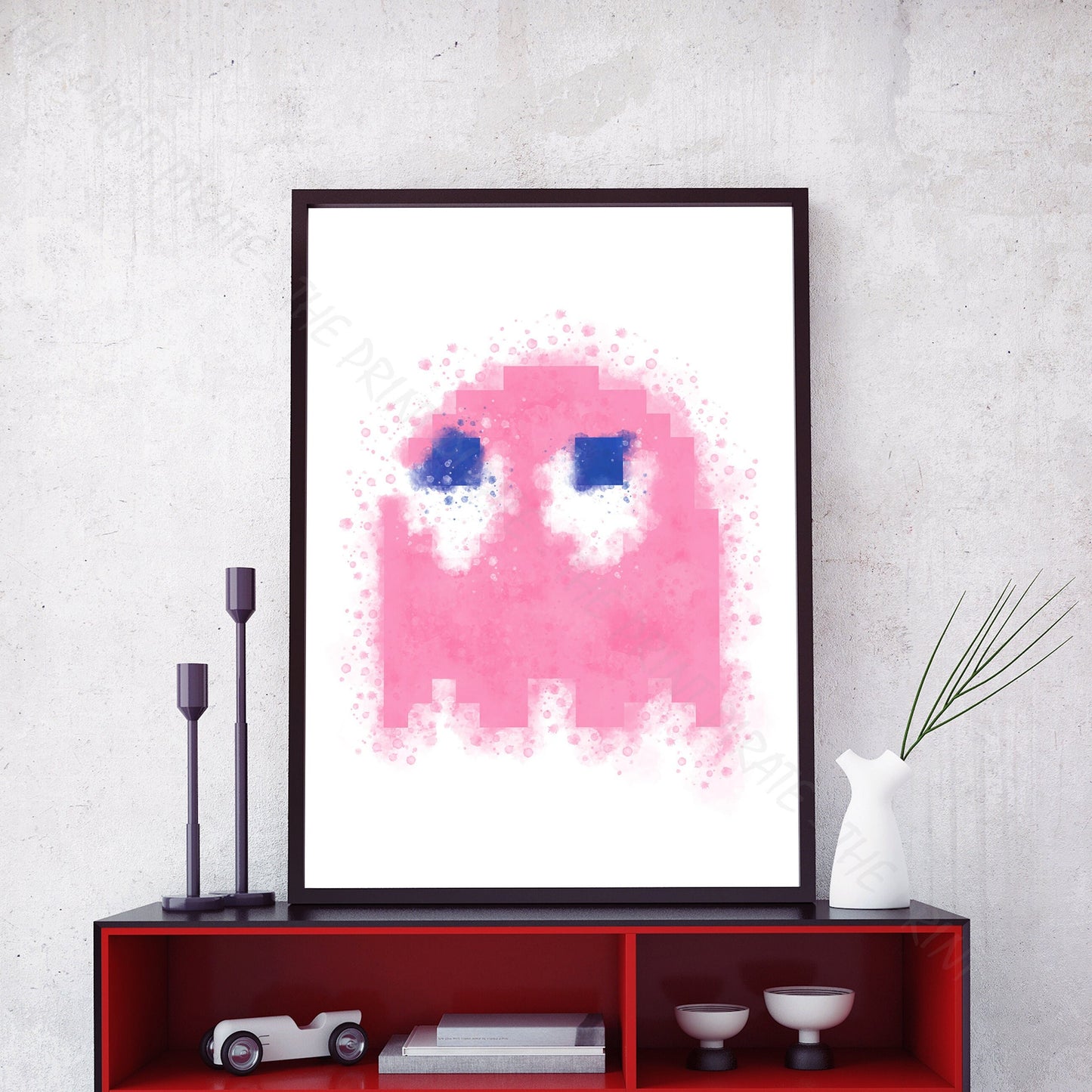 Gaming 'PACMAN PINK GHOST PINKY' Watercolour Splash Wall Art Print