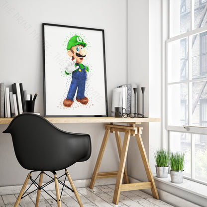 Gaming 'LUIGI' Mario Watercolour Splash Wall Art Print