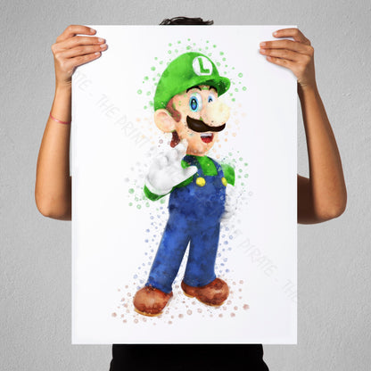 Gaming 'LUIGI' Mario Watercolour Splash Wall Art Print