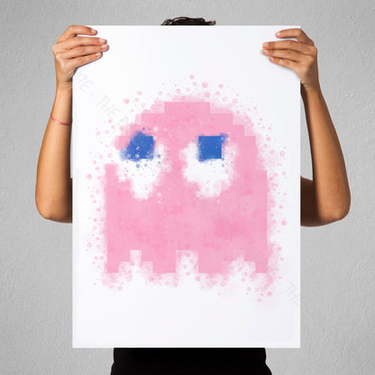 Gaming 'PACMAN PINK GHOST PINKY' Watercolour Splash Wall Art Print