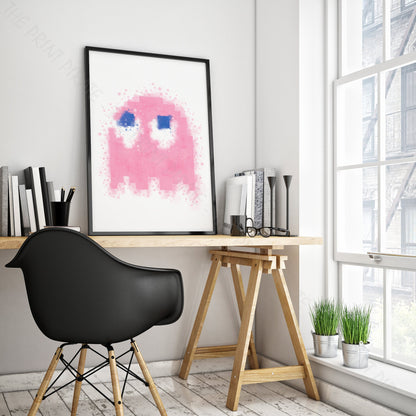 Gaming 'PACMAN PINK GHOST PINKY' Watercolour Splash Wall Art Print