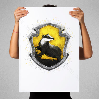 Wizarding World 'HUFFLEPUFF CREST' Hogwarts Harry Potter / Fantastic Beasts Watercolour Splash Wall Art Print