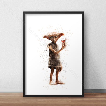 Wizarding World 'HOUSE ELF DOBBY' Hogwarts Harry Potter / Fantastic Beasts Watercolour Splash Wall Art Print