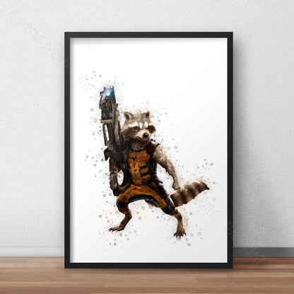 Superhero 'ROCKET RACOON' Marvel Watercolour Splash Wall Art Print