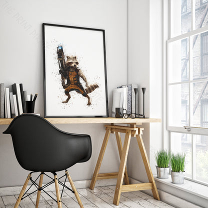 Superhero 'ROCKET RACOON' Marvel Watercolour Splash Wall Art Print