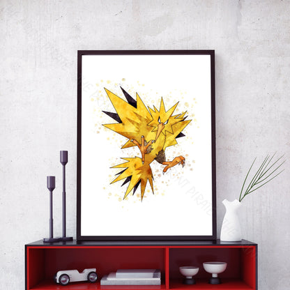 Pokemon 'ZAPDOS' Watercolour Splash Wall Art Print