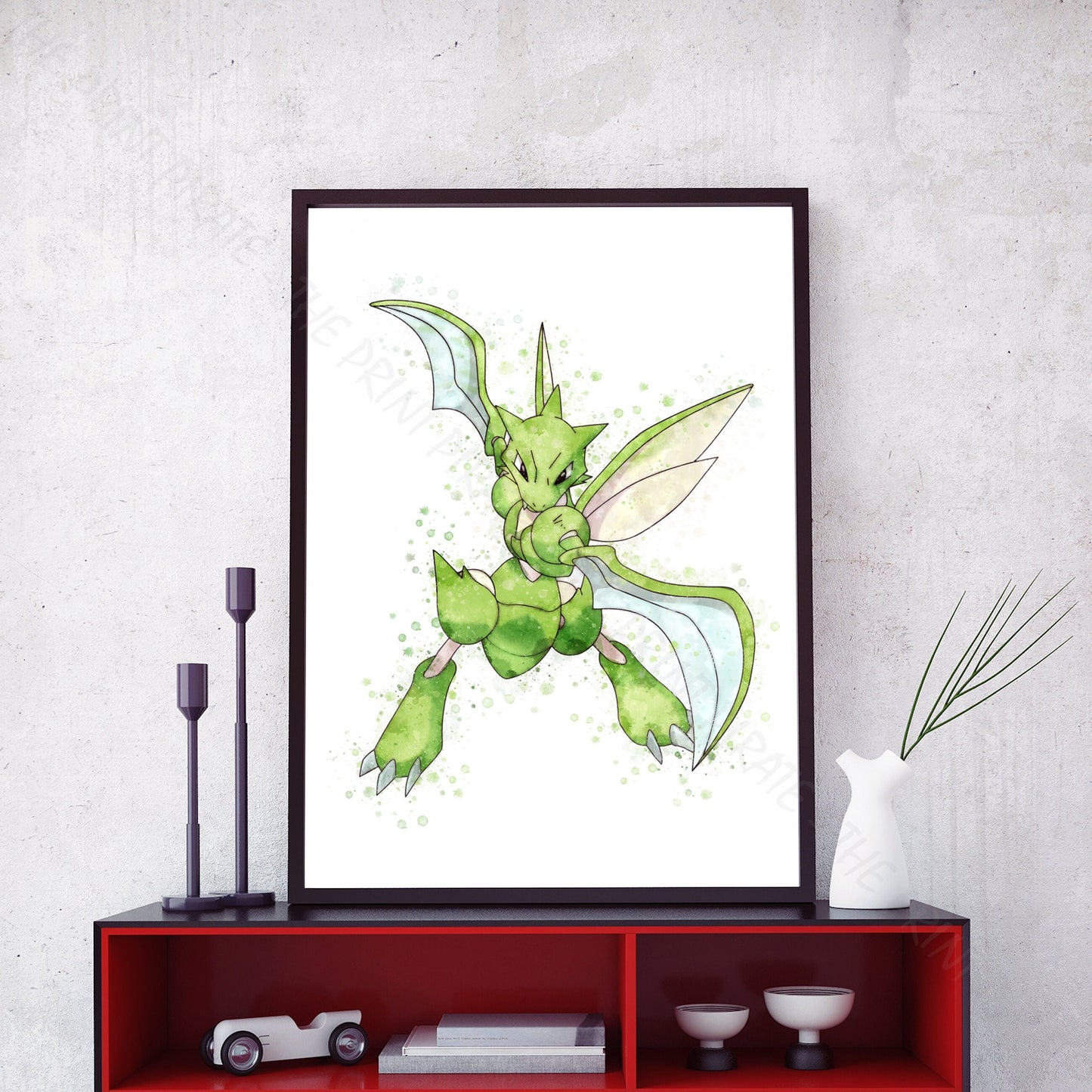 Pokemon 'SCYTHER' Watercolour Splash Wall Art Print