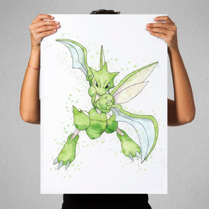 Pokemon 'SCYTHER' Watercolour Splash Wall Art Print