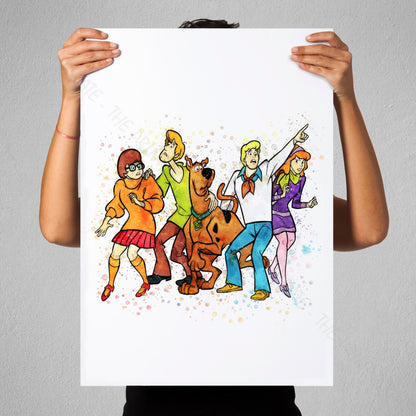 Scooby Doo 'MYSTERY INC GANG' Watercolour Splash Wall Art Print