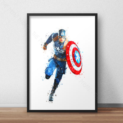 Superhero 'CAPTAIN AMERICA' Marvel Watercolour Splash Wall Art Print