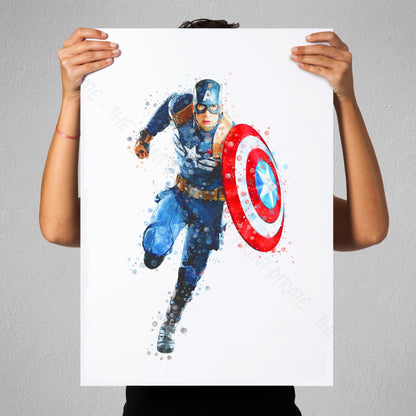 Superhero 'CAPTAIN AMERICA' Marvel Watercolour Splash Wall Art Print