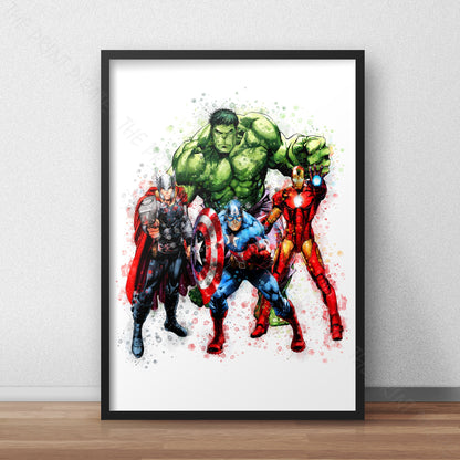 Superhero 'THE AVENGERS HEROES' Marvel Watercolour Splash Wall Art Print