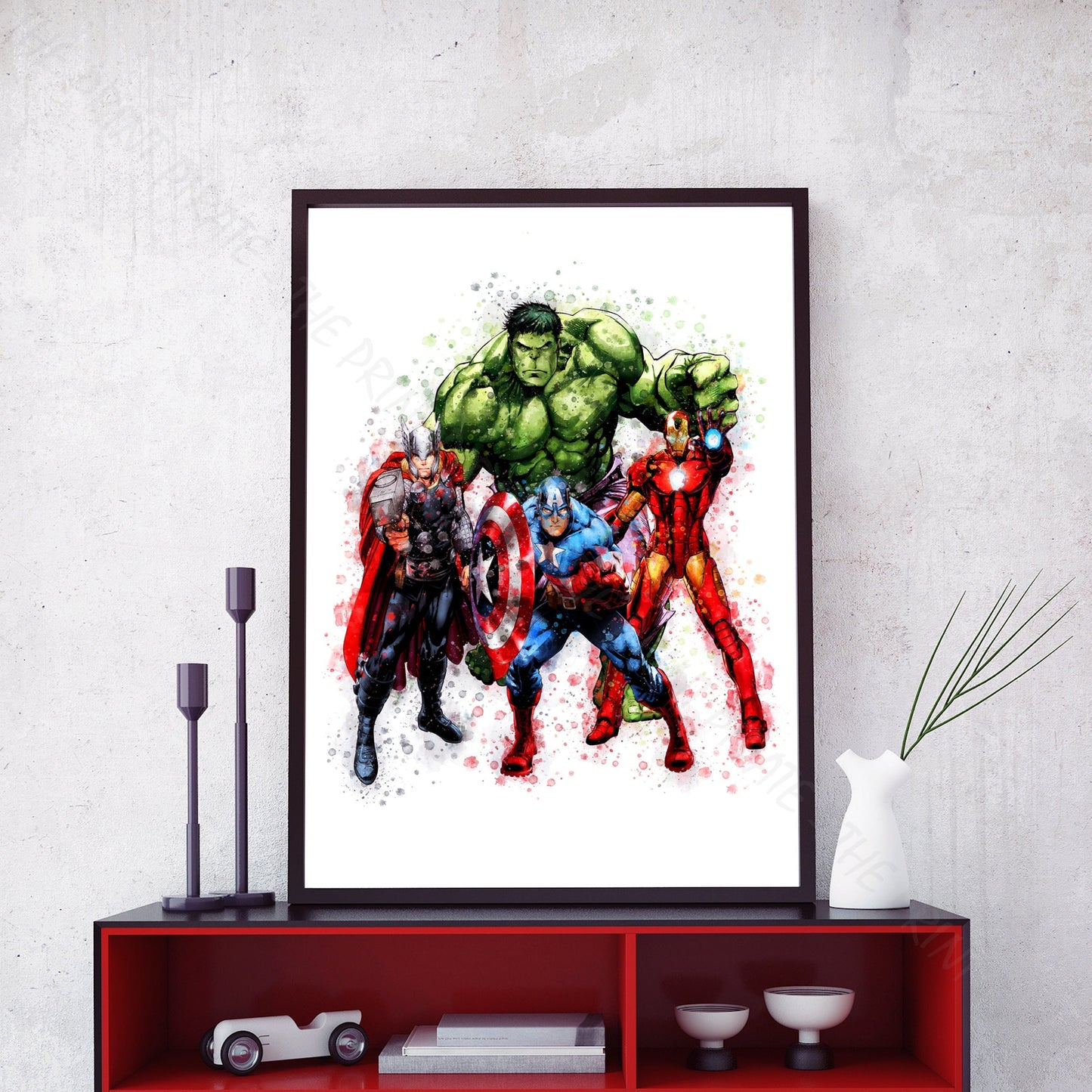 Superhero 'THE AVENGERS HEROES' Marvel Watercolour Splash Wall Art Print