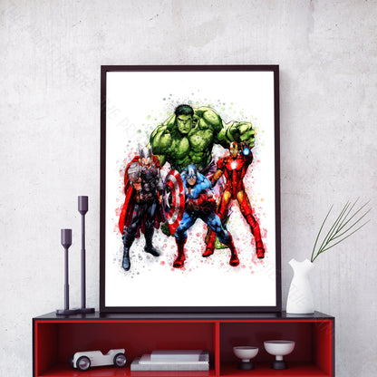 Superhero 'THE AVENGERS HEROES' Marvel Watercolour Splash Wall Art Print