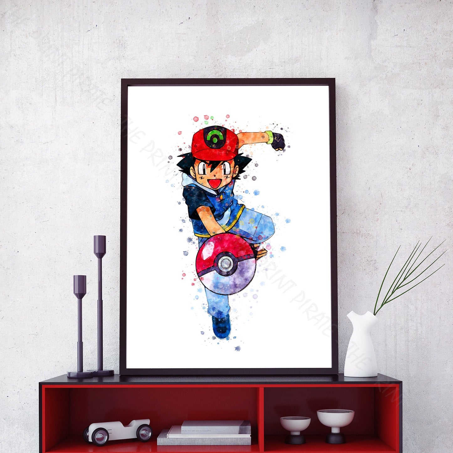 Pokemon 'ASH KETCHUM' Watercolour Splash Wall Art Print