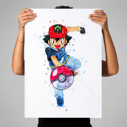 Pokemon 'ASH KETCHUM' Watercolour Splash Wall Art Print