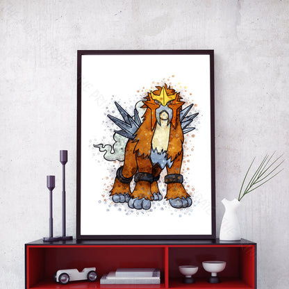 Pokemon 'ENTEI' Watercolour Splash Wall Art Print