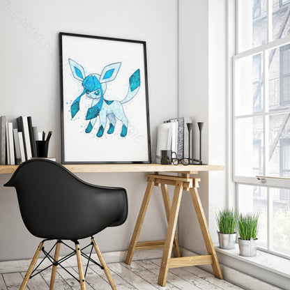 Pokemon 'GLACEON' Watercolour Splash Wall Art Print