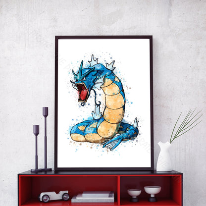 Pokemon 'GYARADOS' Watercolour Splash Wall Art Print