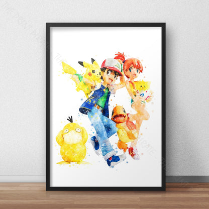 Pokemon 'ASH, MISTY AND FRIENDS' Watercolour Splash Wall Art Print