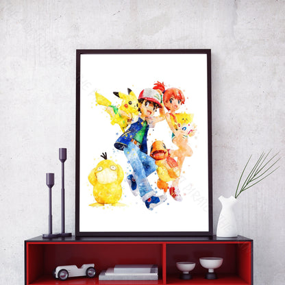 Pokemon 'ASH, MISTY AND FRIENDS' Watercolour Splash Wall Art Print