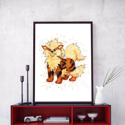 Pokemon 'ARCANINE' Watercolour Splash Wall Art Print