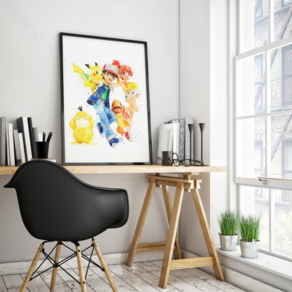 Pokemon 'ASH, MISTY AND FRIENDS' Watercolour Splash Wall Art Print