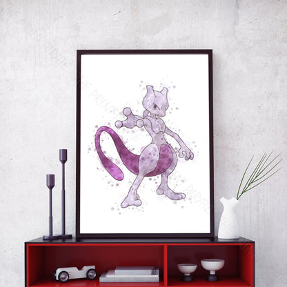 Pokemon 'MEWTWO' Watercolour Splash Wall Art Print