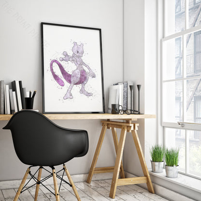 Pokemon 'MEWTWO' Watercolour Splash Wall Art Print