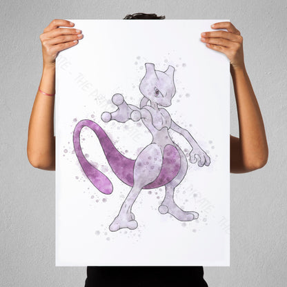 Pokemon 'MEWTWO' Watercolour Splash Wall Art Print