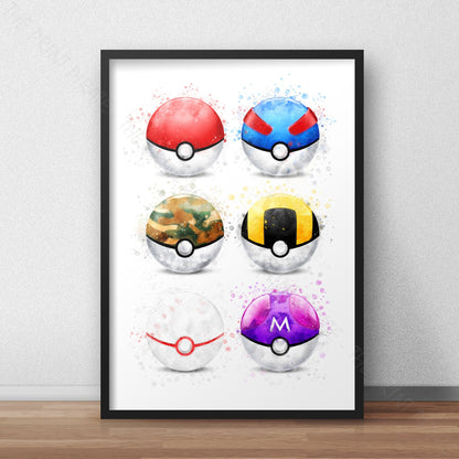 Pokemon 'POKEBALL SET' Watercolour Splash Wall Art Print