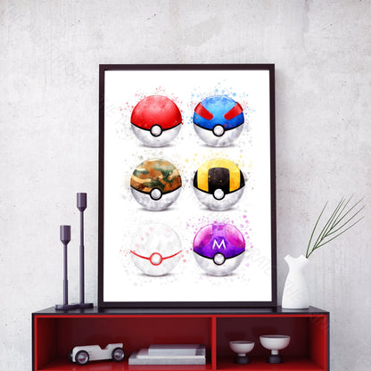 Pokemon 'POKEBALL SET' Watercolour Splash Wall Art Print