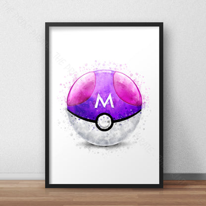 Pokemon 'MASTER BALL' Pokeball Watercolour Splash Wall Art Print