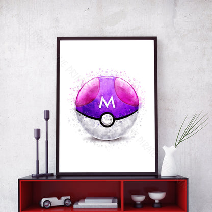 Pokemon 'MASTER BALL' Pokeball Watercolour Splash Wall Art Print