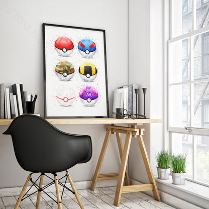 Pokemon 'POKEBALL SET' Watercolour Splash Wall Art Print