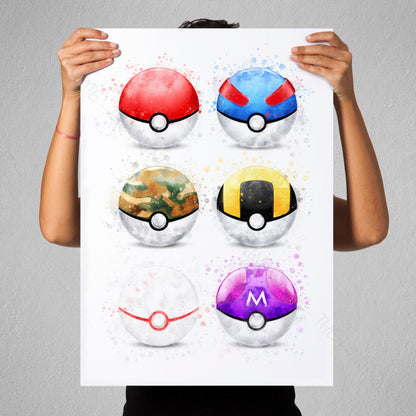 Pokemon 'POKEBALL SET' Watercolour Splash Wall Art Print