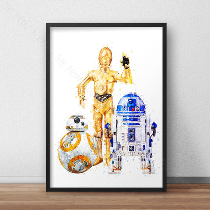 Star Wars 'R2-D2, C3PO & BB-8' Droid Watercolour Splash Wall Art Print