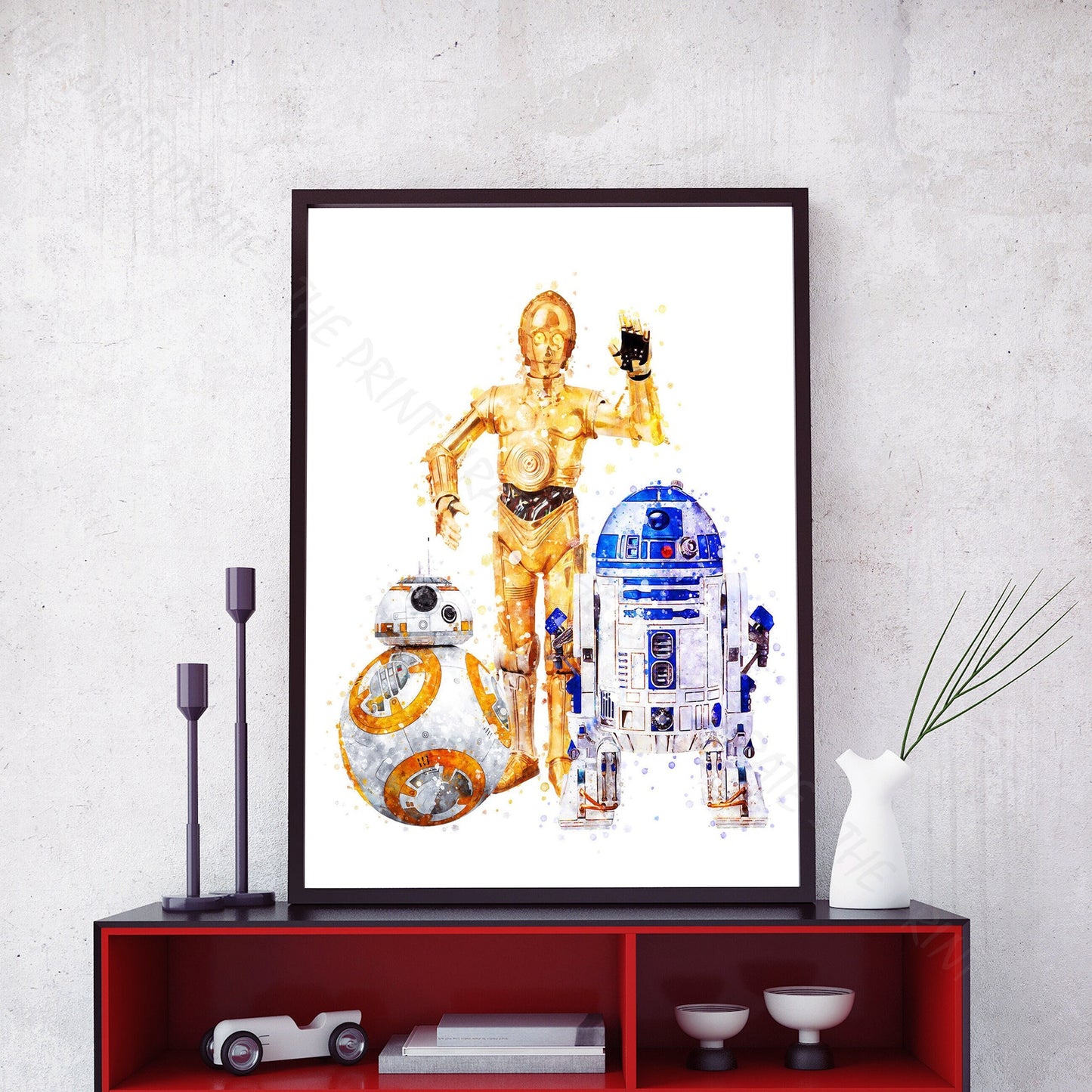 Star Wars 'R2-D2, C3PO & BB-8' Droid Watercolour Splash Wall Art Print