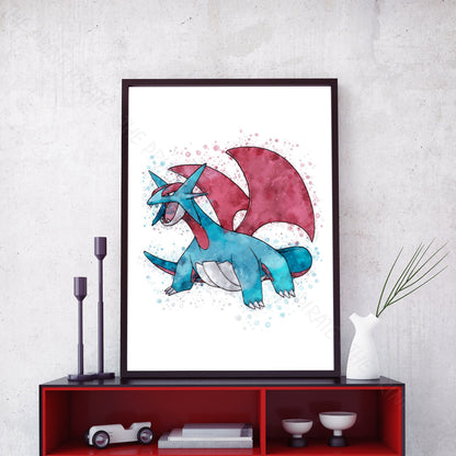 Pokemon 'SALAMENCE' Watercolour Splash Wall Art Print