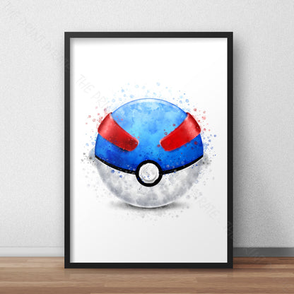 Pokemon 'GREAT BALL' Pokeball Watercolour Splash Wall Art Print