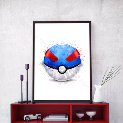 Pokemon 'GREAT BALL' Pokeball Watercolour Splash Wall Art Print