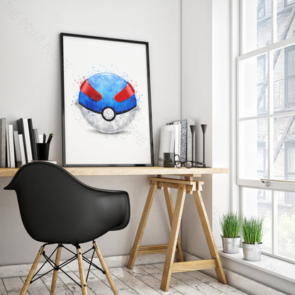 Pokemon 'GREAT BALL' Pokeball Watercolour Splash Wall Art Print