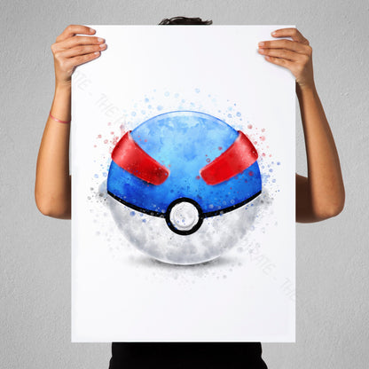 Pokemon 'GREAT BALL' Pokeball Watercolour Splash Wall Art Print