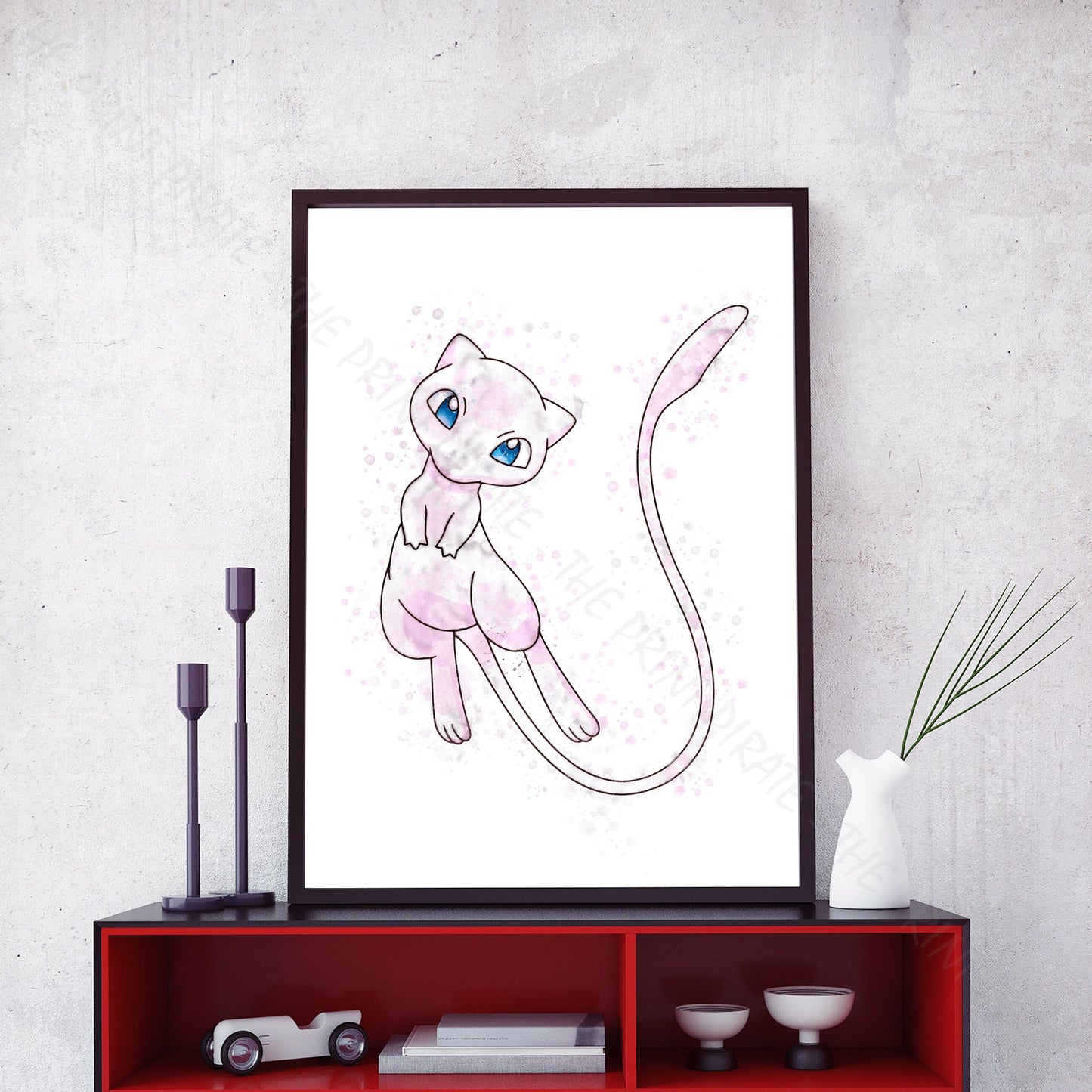 Pokemon 'MEW' Watercolour Splash Wall Art Print