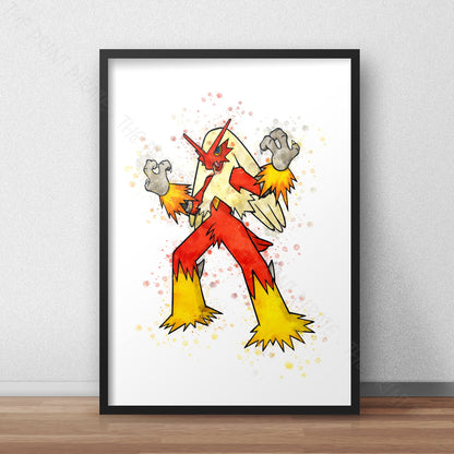 Pokemon 'BLAZIKEN' Watercolour Splash Wall Art Print