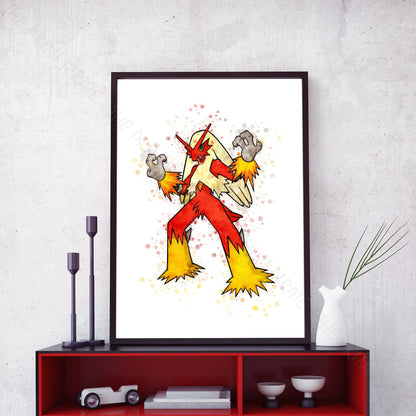 Pokemon 'BLAZIKEN' Watercolour Splash Wall Art Print