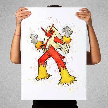 Pokemon 'BLAZIKEN' Watercolour Splash Wall Art Print