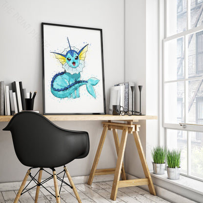 Pokemon 'VAPOREON' Watercolour Splash Wall Art Print