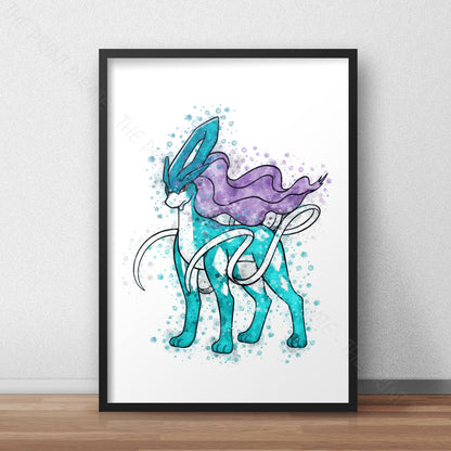 Pokemon 'SUICUNE' Watercolour Splash Wall Art Print