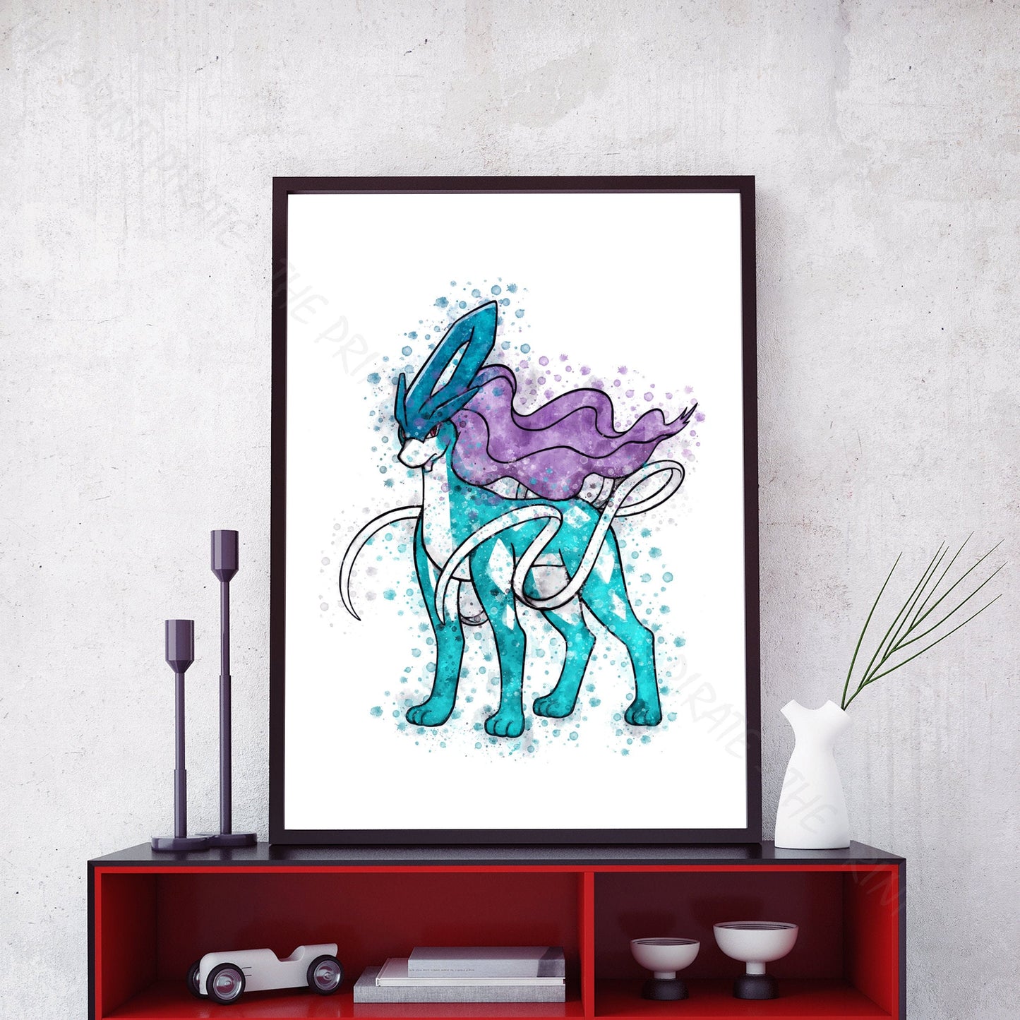 Pokemon 'SUICUNE' Watercolour Splash Wall Art Print